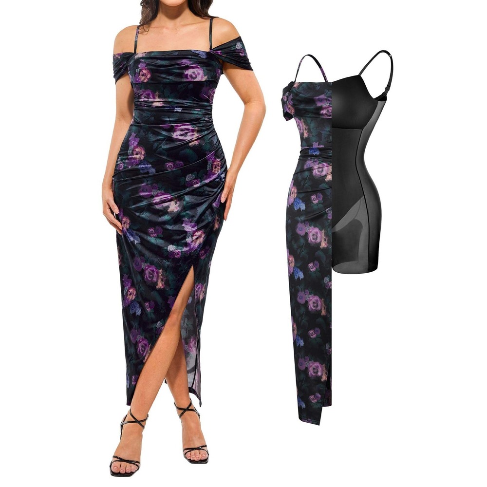 Popilush Cocktail Dress Floral Shapewear Off the Shoulder Formal Wedding Maxi